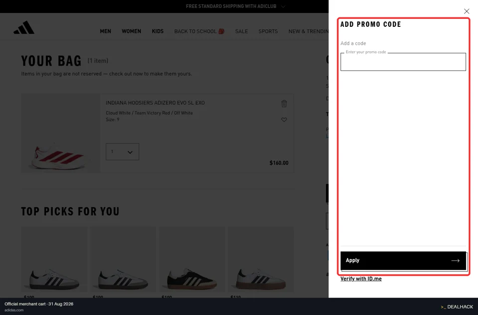 adidas checkout page showing the Enter your promo code field and Apply button