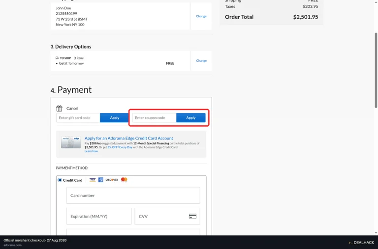 Adorama checkout page showing the Enter coupon code field and Apply button