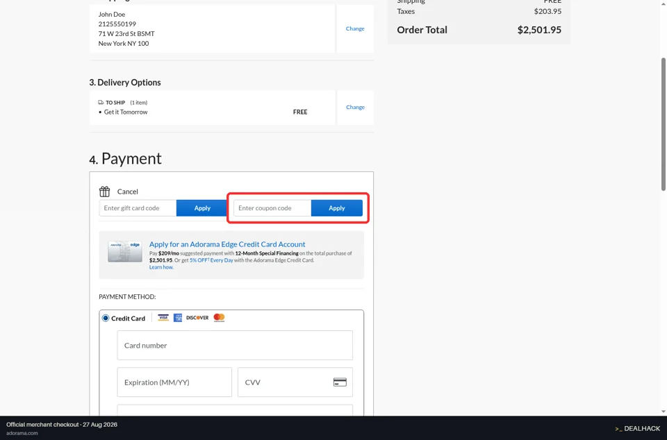 Adorama checkout page showing the Enter coupon code field and Apply button