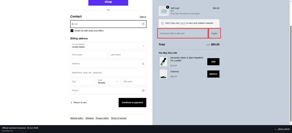 Aerosoles checkout page showing the Discount code or gift card field and Apply button