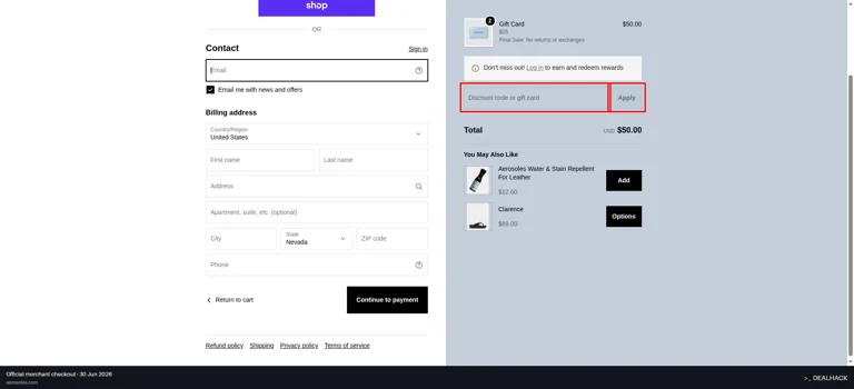 Aerosoles checkout page showing the Discount code or gift card field and Apply button