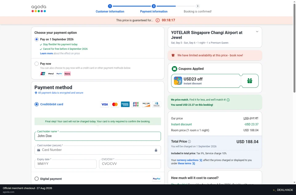 Agoda checkout page showing the promo code field and Apply button