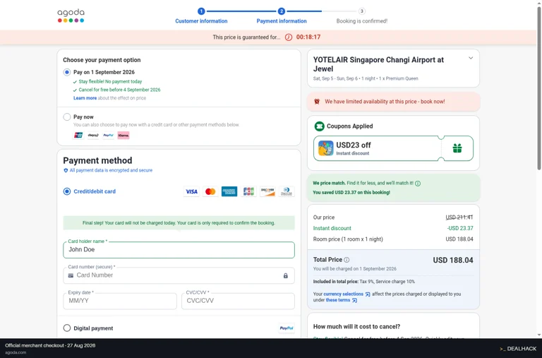 Agoda checkout page showing the promo code field and Apply button