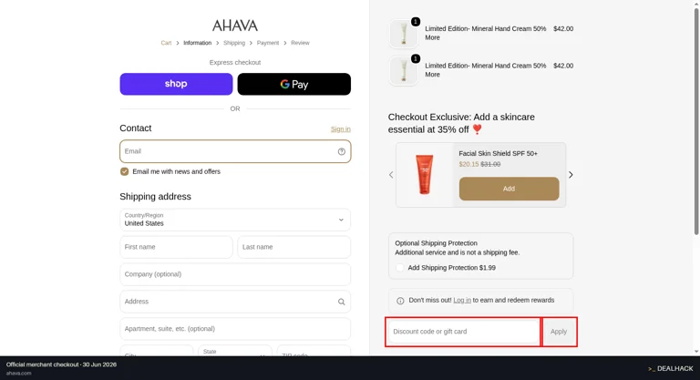 AHAVA checkout page showing the Discount code or gift card field and Apply button