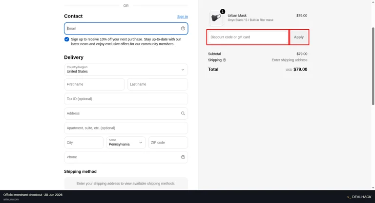 Airinum checkout page showing the Discount code or gift card field and Apply button