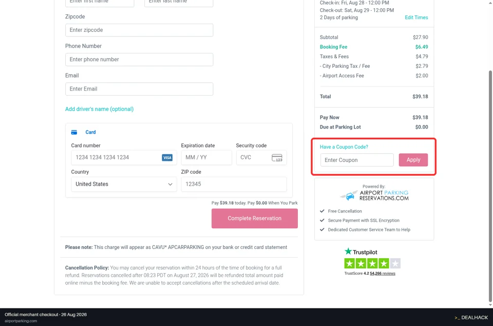 AirportParking checkout page showing the Enter Coupon field and Apply button
