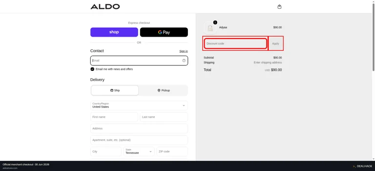ALDO checkout page showing the Discount code field and Apply button