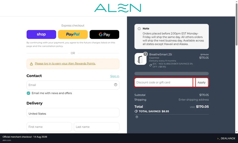 Alen checkout page showing the Discount code or gift card field and Apply button