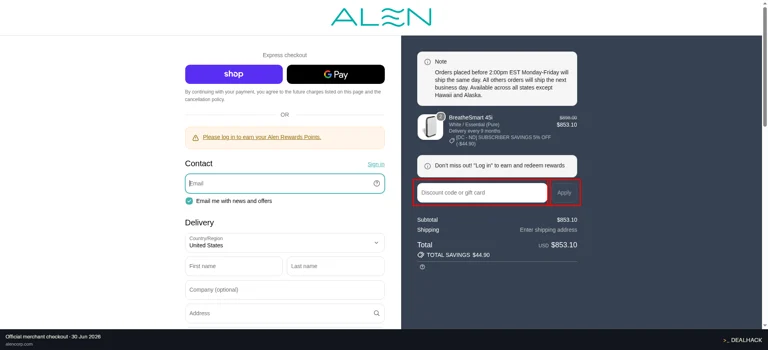 Alen checkout page showing the Discount code or gift card field and Apply button