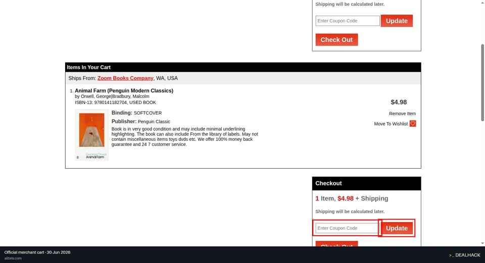 Alibris checkout page showing the Enter Coupon Code field and Apply button