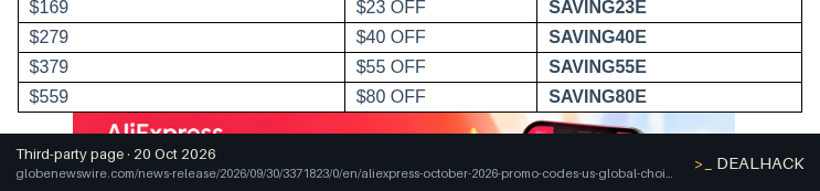 Screenshot of globenewswire.com listing a AliExpress coupon on Oct 20, 2026 showing the "Save $55 on AliExpress Orders of $379+" offer