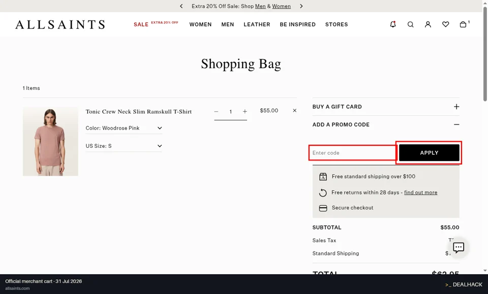 AllSaints checkout page showing the Enter code field and APPLY button