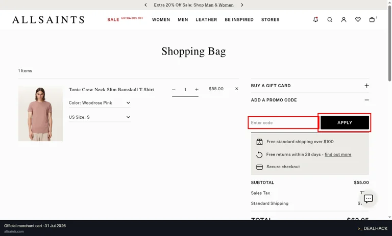 AllSaints checkout page showing the Enter code field and APPLY button