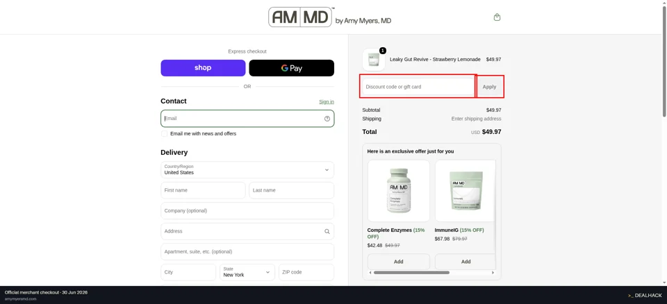 Amy Myers MD checkout page showing the Discount code or gift card field and Apply button