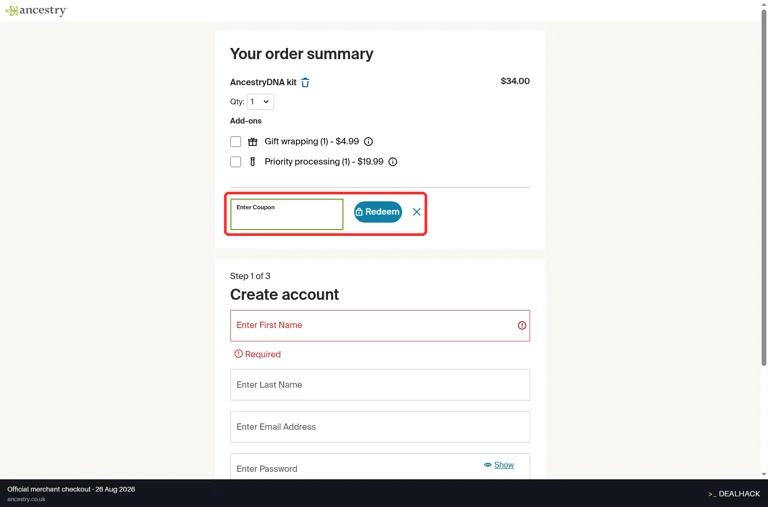 Ancestry checkout page showing the Enter Coupon field and Redeem button