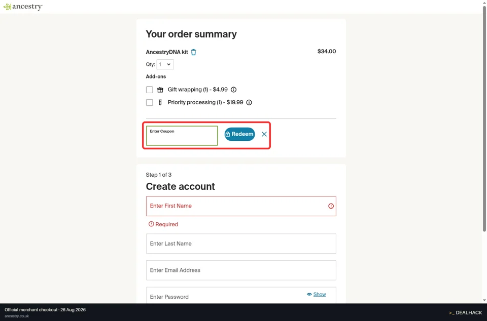 Ancestry checkout page showing the Enter Coupon field and Redeem button