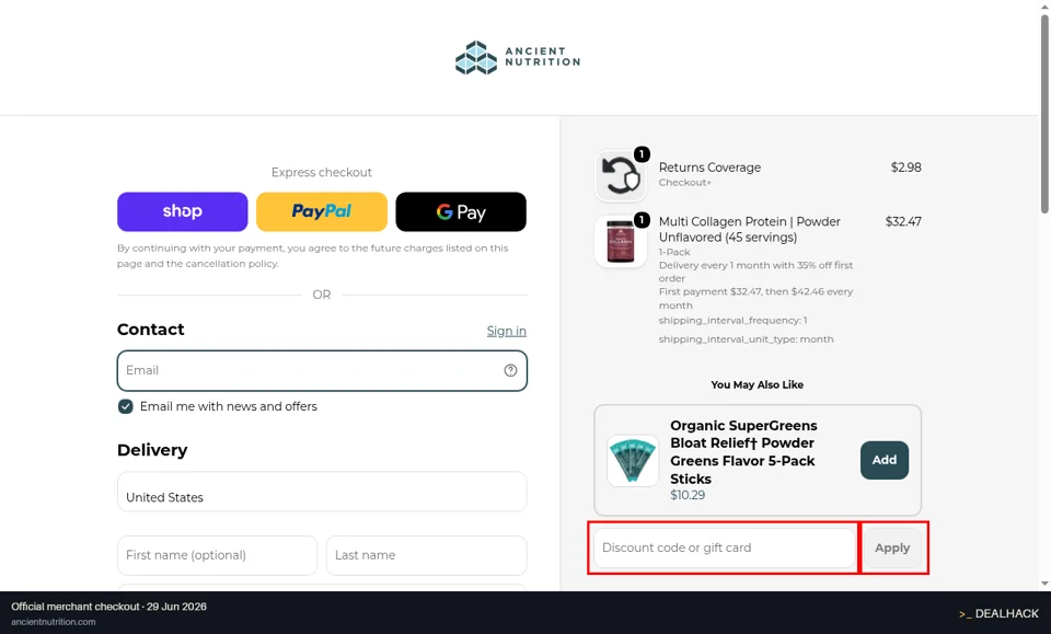 Ancient Nutrition checkout page showing the Discount code or gift card field and Apply button