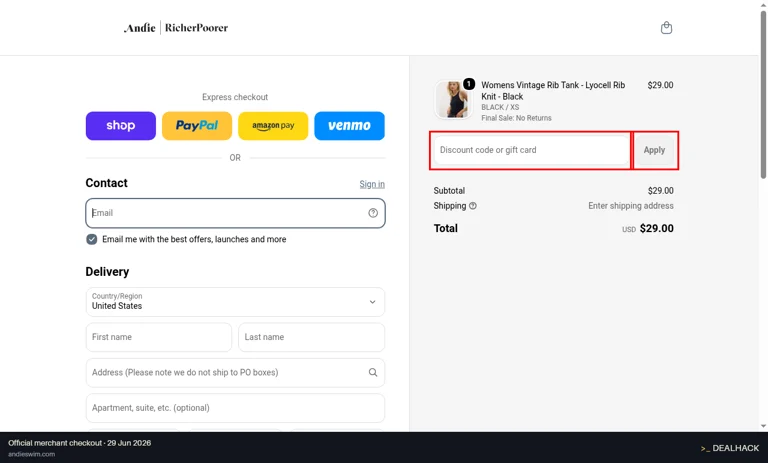 Andie checkout page showing the Discount code or gift card field and Apply button