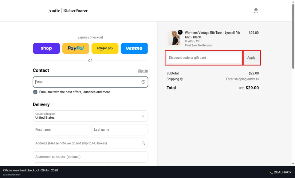 Andie checkout page showing the Discount code or gift card field and Apply button