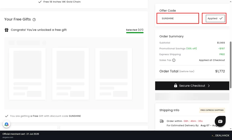 Angara checkout page showing the Enter coupon code field and Applied button