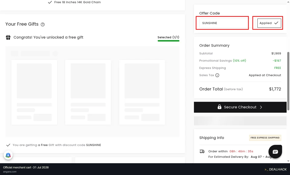 Angara checkout page showing the Enter coupon code field and Applied button
