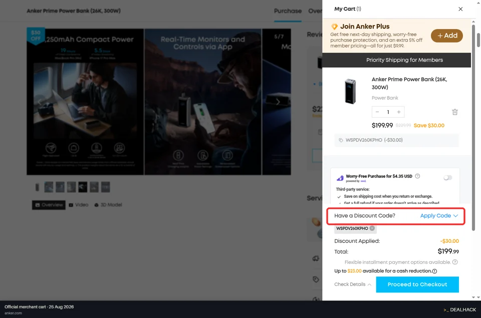 Anker checkout page showing the Enter Code field and Apply button