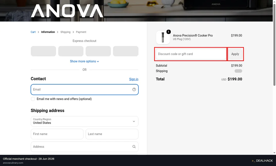 Anova Culinary checkout page showing the Discount code or gift card field and Apply button