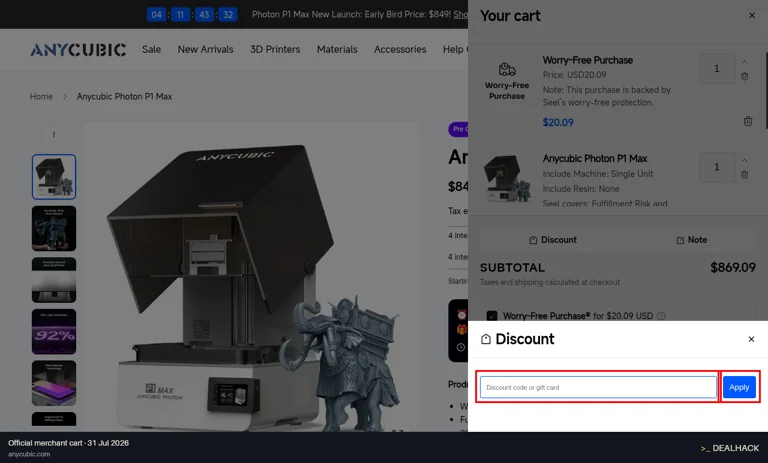 Anycubic checkout page showing the Discount code or gift card field and Apply button