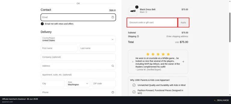 Appaman checkout page showing the Discount code or gift card field and Apply button
