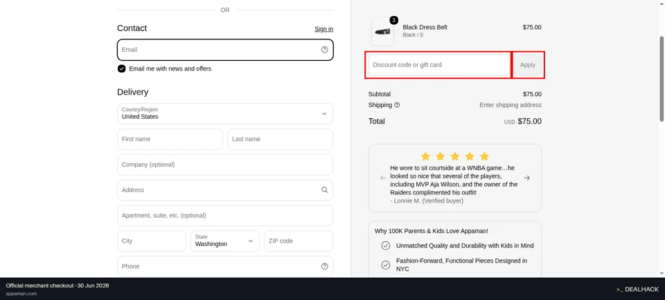 Appaman checkout page showing the Discount code or gift card field and Apply button