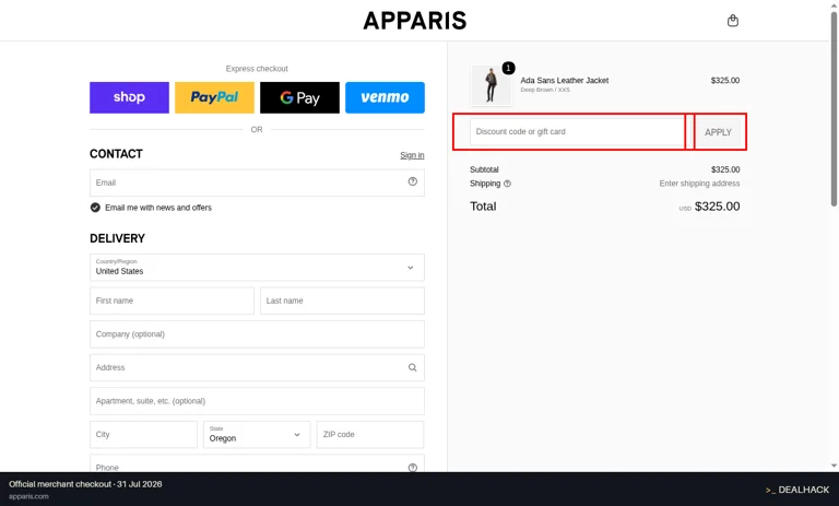 Apparis checkout page showing the Discount code or gift card field and Apply button