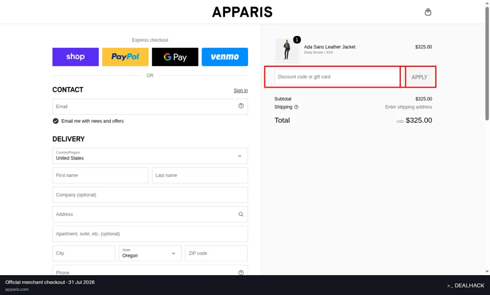 Apparis checkout page showing the Discount code or gift card field and Apply button