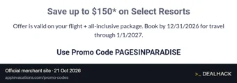Screenshot of Apple Vacations's website on Oct 21, 2026 showing the "Save Up to $150 on Select Resort Packages" offer