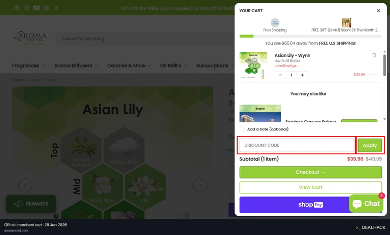 Aroma Retail checkout page showing the DISCOUNT CODE field and Apply button