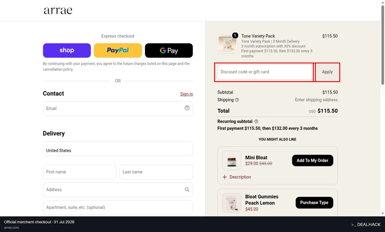 Arrae checkout page showing the Discount code or gift card field and Apply button