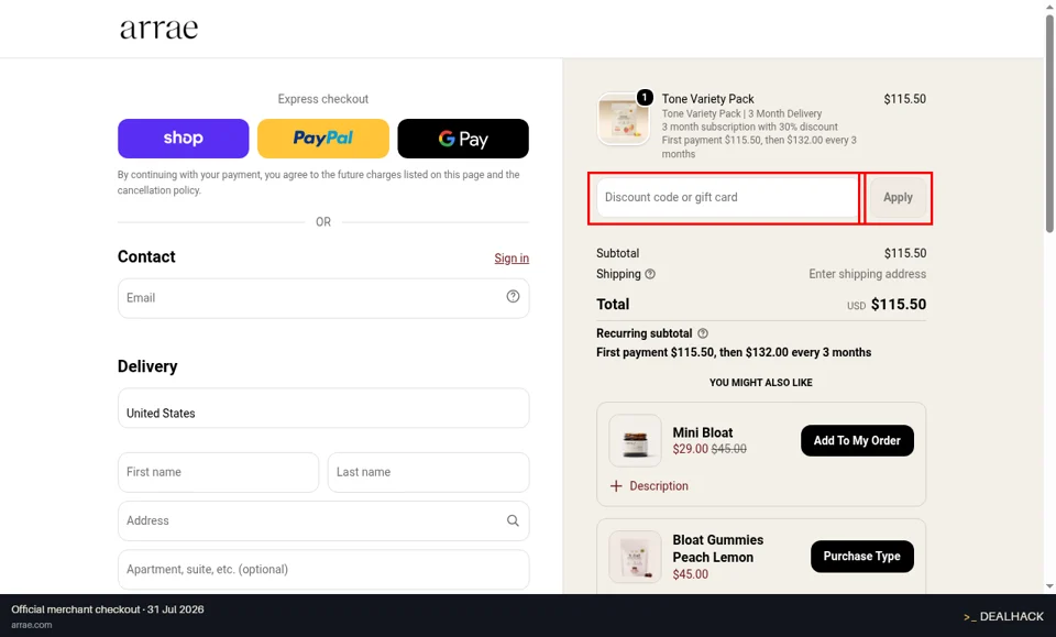 Arrae checkout page showing the Discount code or gift card field and Apply button