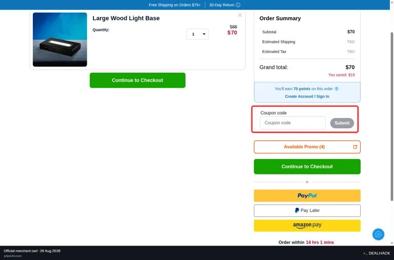 ArtPix 3D checkout page showing the Coupon code field and submit button