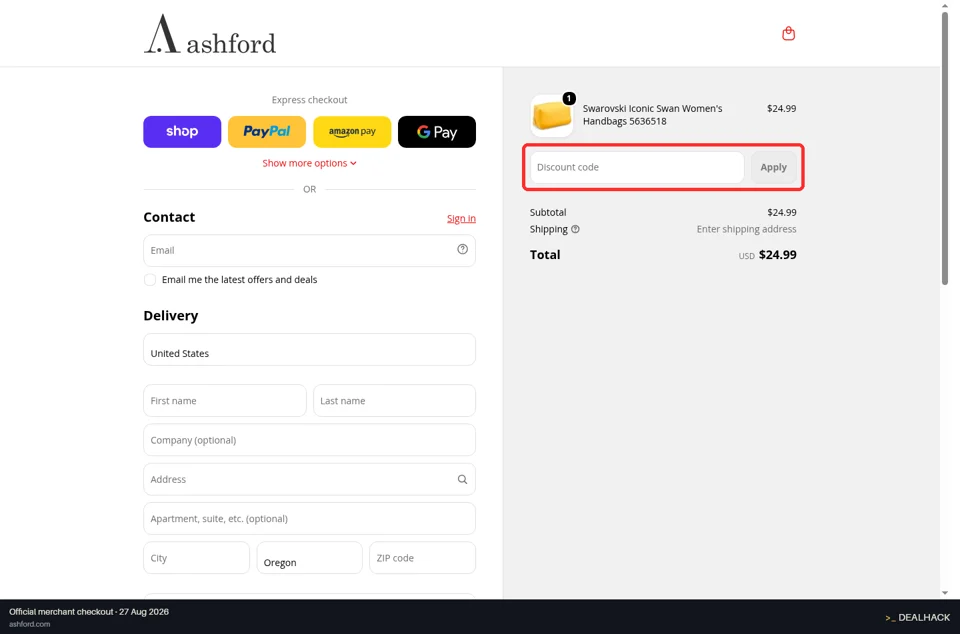 Ashford checkout page showing the Discount code field and Apply button