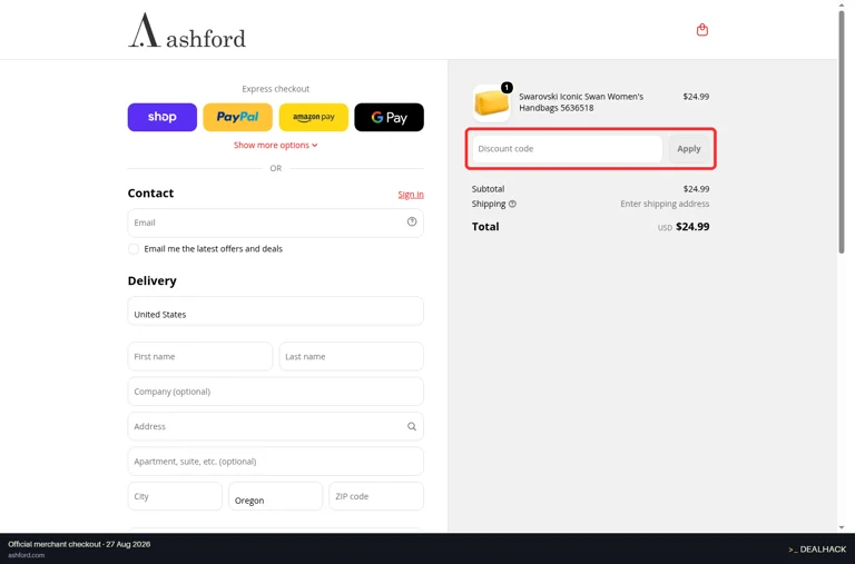 Ashford checkout page showing the Discount code field and Apply button
