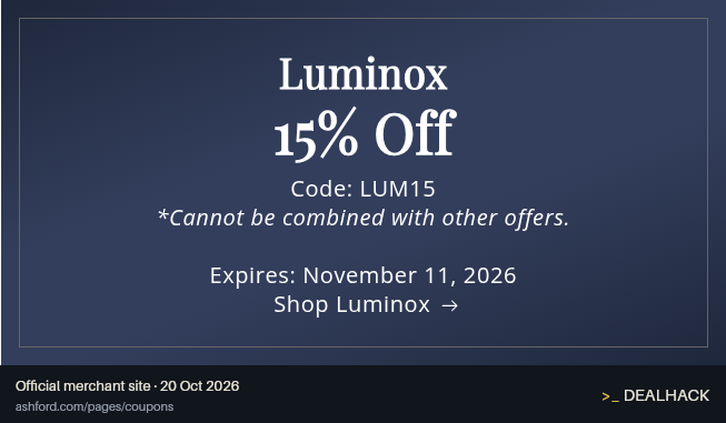Screenshot of Ashford's website on Oct 20, 2026 showing the "Enjoy 15% Off Luminox Watches" offer