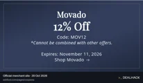 Screenshot of Ashford's website on Oct 20, 2026 showing the "Save 12% on Movado Watches" offer