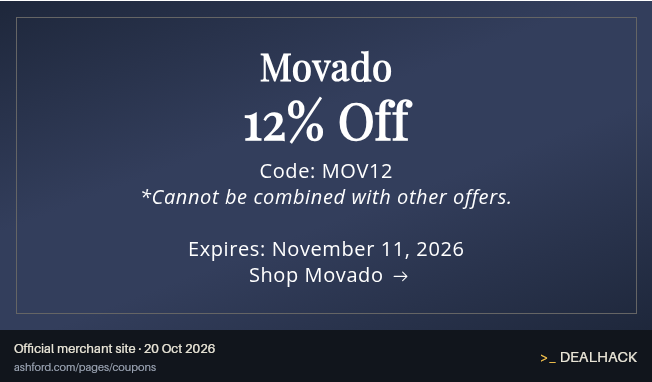 Screenshot of Ashford's website on Oct 20, 2026 showing the "Save 12% on Movado Watches" offer