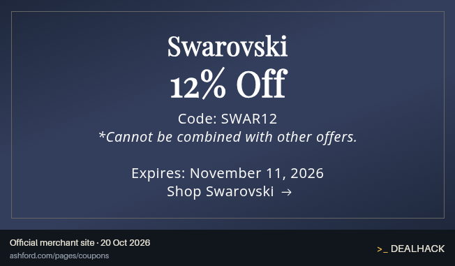 Screenshot of Ashford's website on Oct 20, 2026 showing the "Get 12% Off Swarovski Items" offer