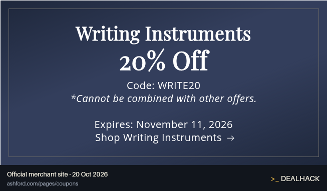 Screenshot of Ashford's website on Oct 20, 2026 showing the "Get 20% Off Writing Instruments" offer
