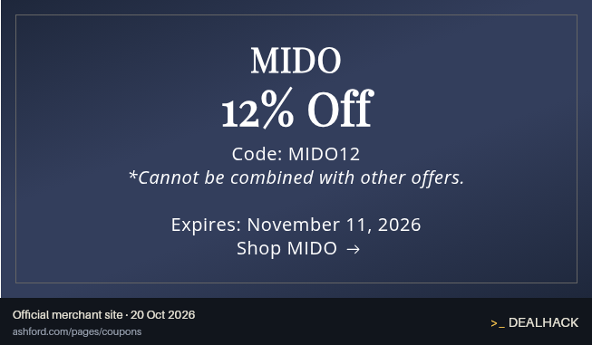 Screenshot of Ashford's website on Oct 20, 2026 showing the "Get 12% Off MIDO Watches" offer