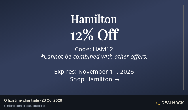 Screenshot of Ashford's website on Oct 20, 2026 showing the "Get 12% Off Hamilton Watches" offer