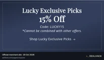 Screenshot of Ashford's website on Oct 20, 2026 showing the "Save 15% on Lucky Exclusive Picks" offer