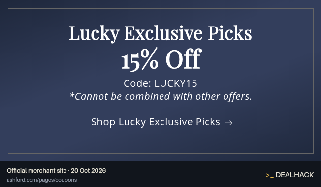 Screenshot of Ashford's website on Oct 20, 2026 showing the "Save 15% on Lucky Exclusive Picks" offer