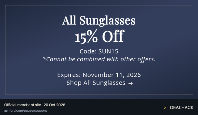 Screenshot of Ashford's website on Oct 20, 2026 showing the "Save 15% on Eligible Sunglasses" offer
