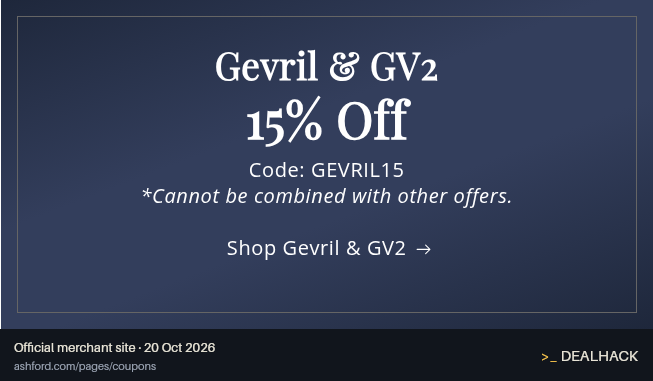 Screenshot of Ashford's website on Oct 20, 2026 showing the "Save 15% on Gevril & GV2 Watches" offer